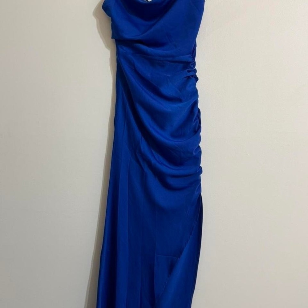 Angel Biba Royal Blue Cowl Neck Lace Up Open Back Midi Dress Ruched Size 4